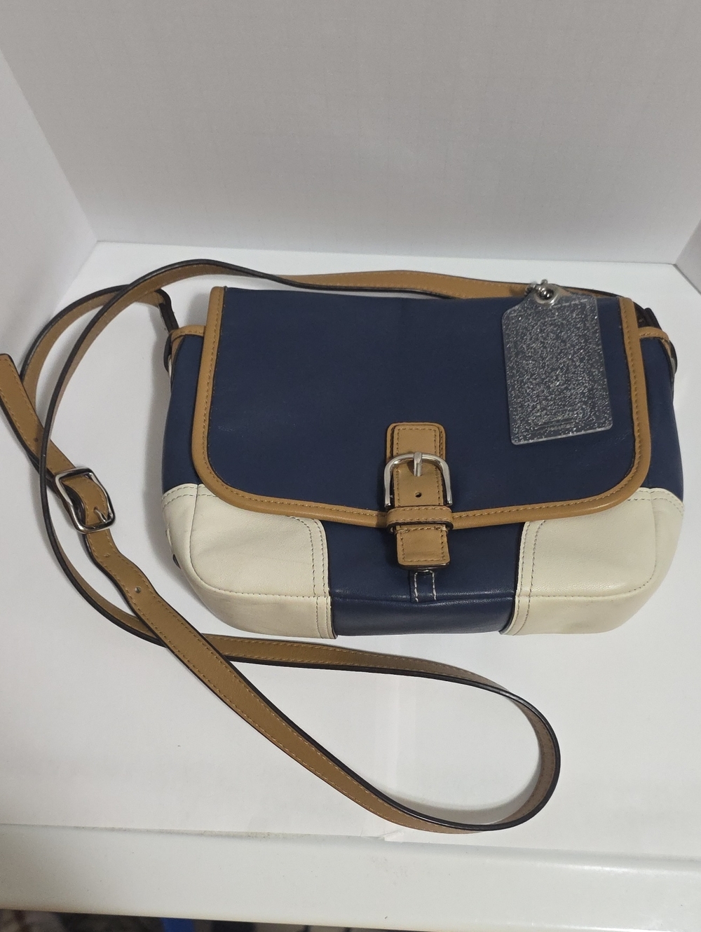 Coach Crossbody Leather-Trim Navy and Cream Shoulder Bag